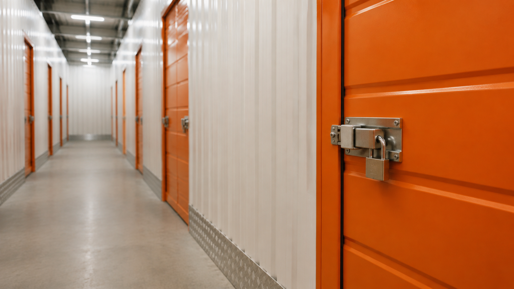 Immagine illustrativa di un corridoio self storage con porte arancioni e lucchetto in primo piano